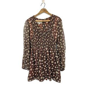 Vtg Young Edwardian Floral Mini Dress Womens 11 Brown Shirred Prairie Boho